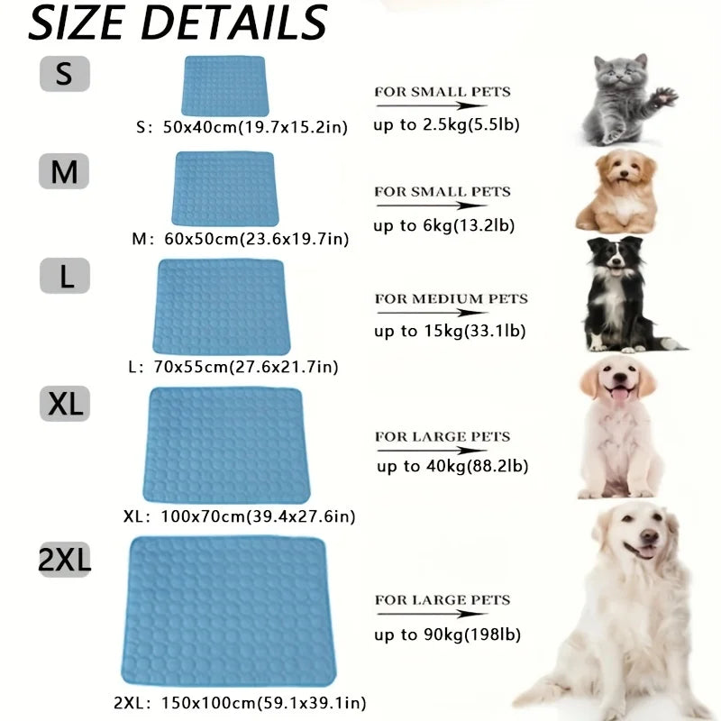 Cooling pet mat size chart with recommended pet size and mat dimensions