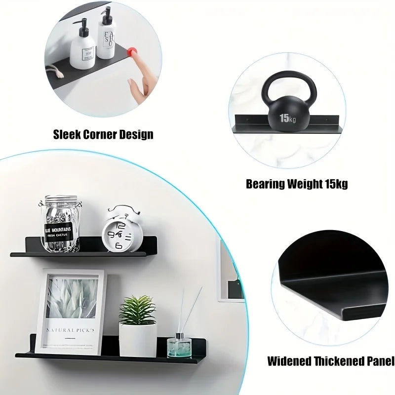 black wall shelves demonstrating corner design, wide panel, and weight limit illustration
