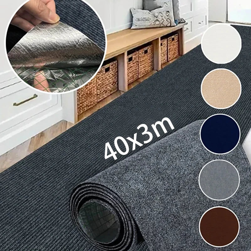 Self-adhesive solid color runner rug, peel-and-stick backing detail, and color options