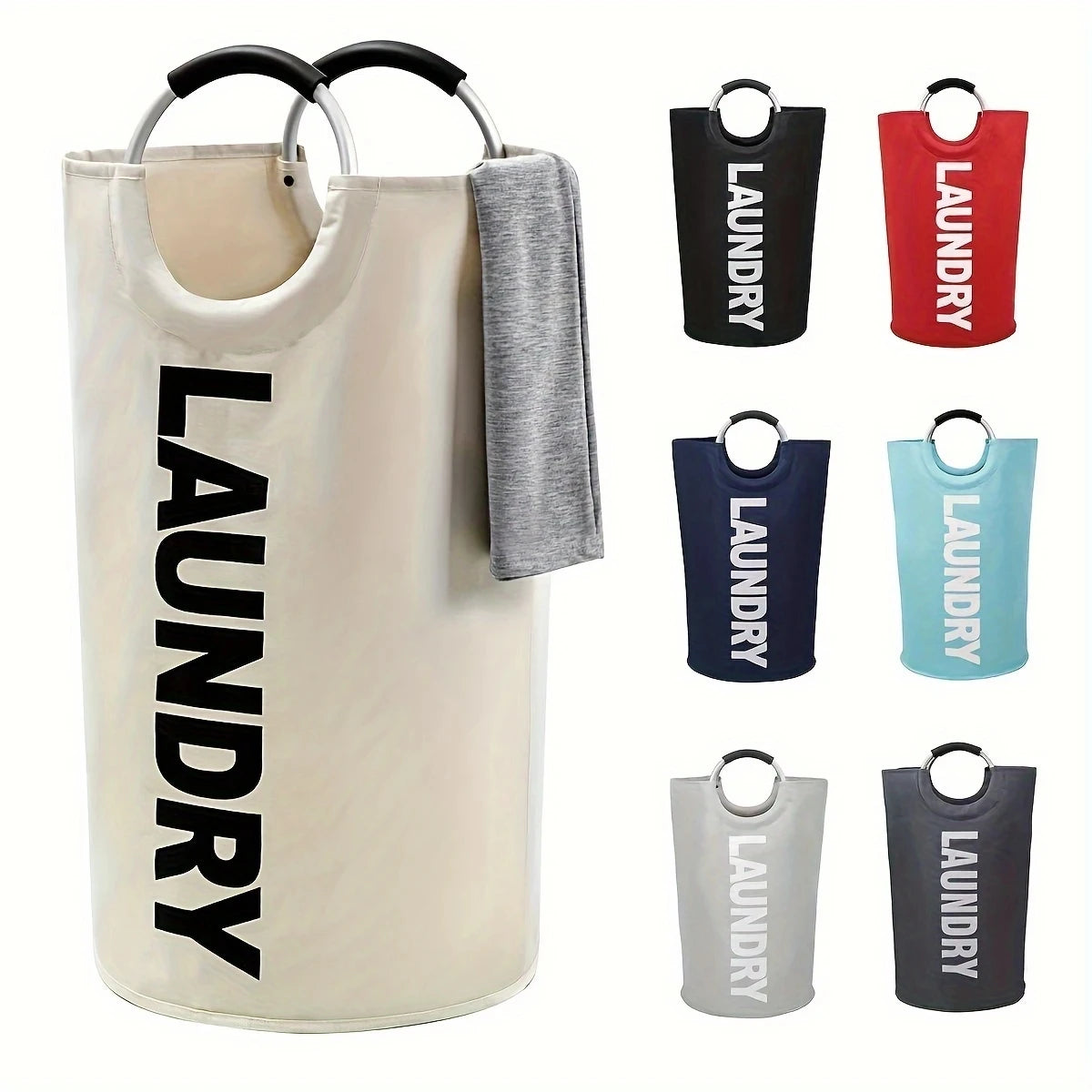 Beige foldable laundry hamper with LAUNDRY text and soft handle, surrounded by multiple color options