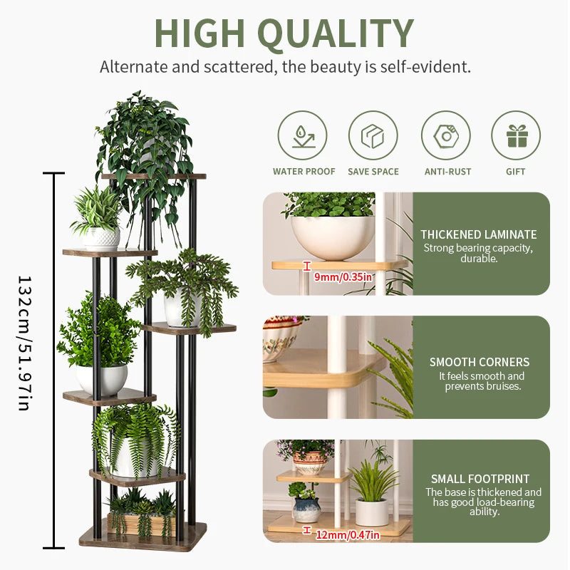 Close-up and dimension diagram of the wooden plant stand, highlighting thickened shelves and smooth corners.