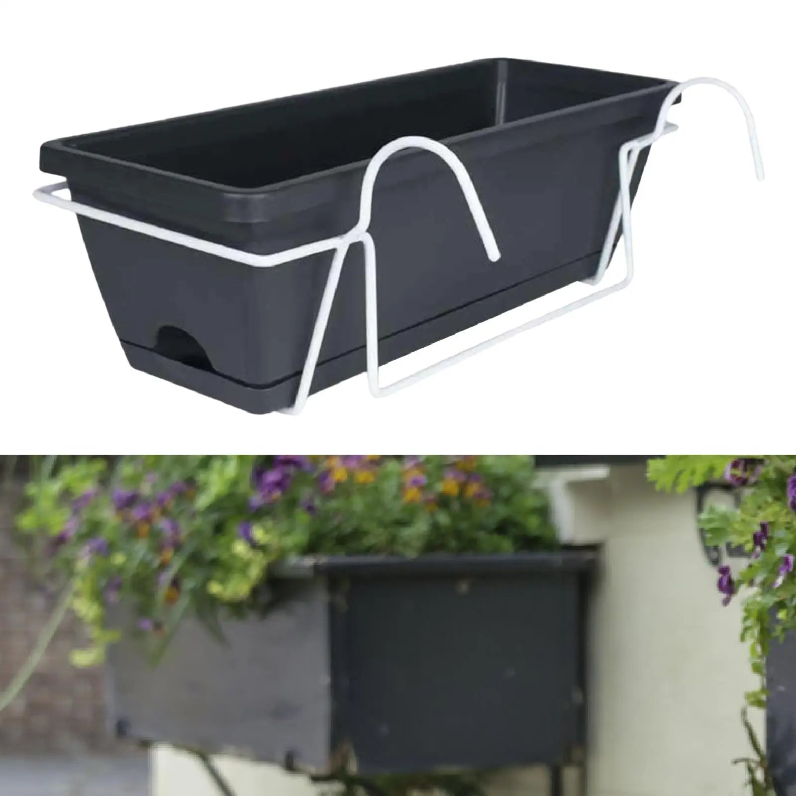Black rectangular railing planter box with white rack, and a similar planted box on a garden fence