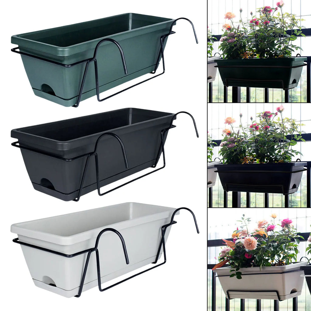 Three rectangular railing planter boxes in green, black, and white with metal racks, shown empty and planted with flowers on balcony railings