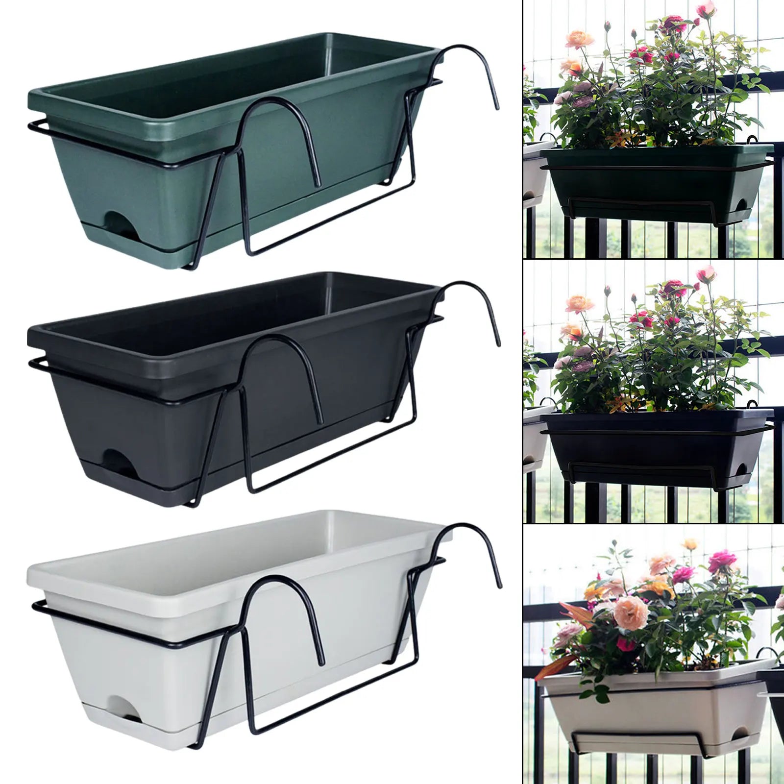 Three rectangular railing planter boxes in green, black, and white with metal racks, shown empty and planted with flowers on balcony railings