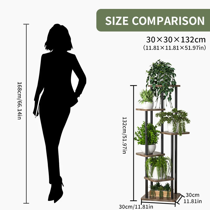 Size comparison chart of the plant stand next to a person, showing the proportion for a 6-shelf version.