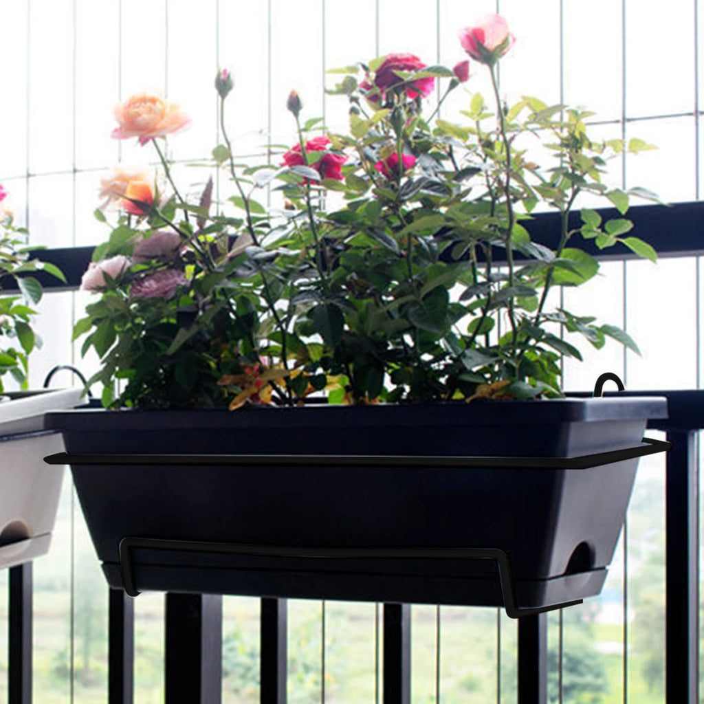 Black rectangular railing planter box hanging on a balcony railing with blooming roses and greenery