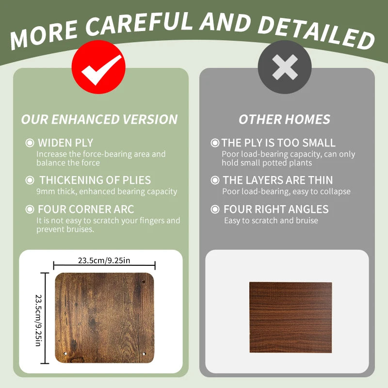 Detail comparison of rounded wooden shelf corners versus a basic square shelf edge.