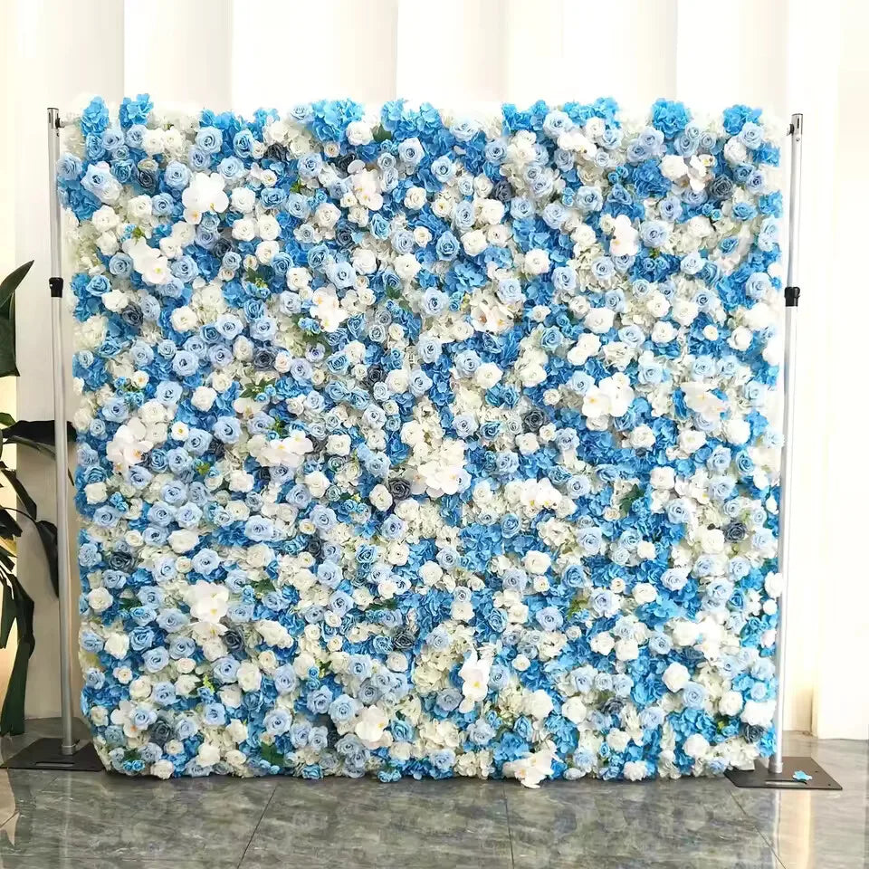 Textured blue and white artificial flower wall panel for photo or event display