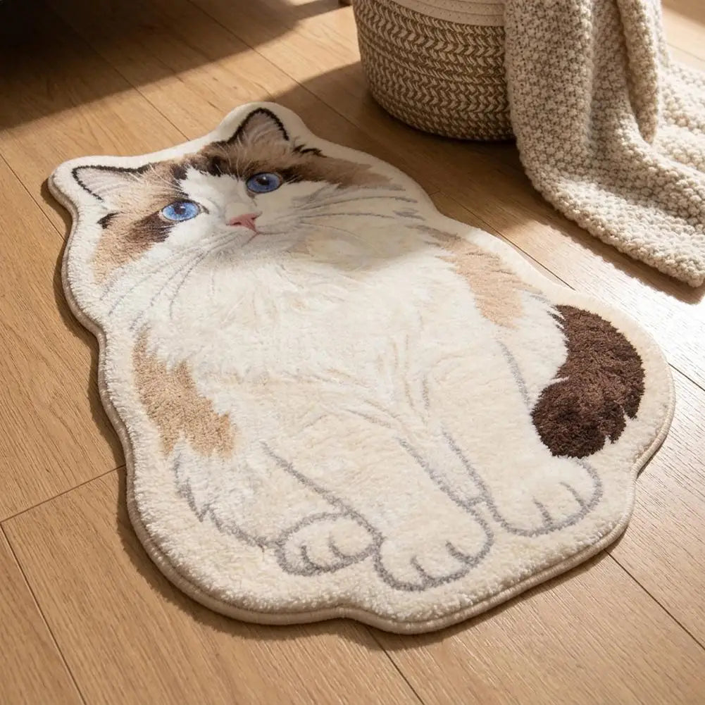 Cream and brown cat-shaped plush rug styled with a woven basket and cozy throw blanket