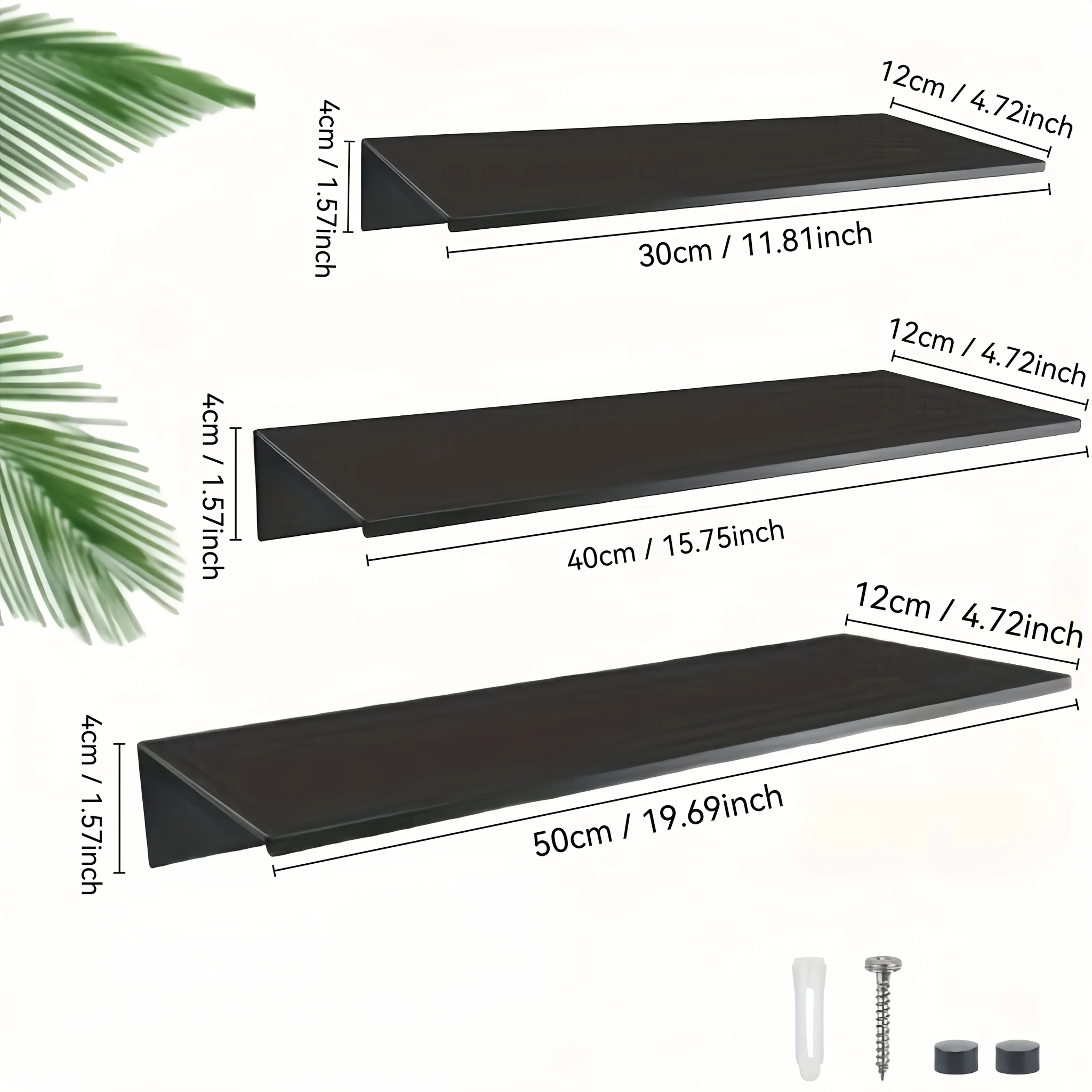 three black metal wall shelves in 30cm, 40cm, and 50cm lengths with labeled dimensions and mounting hardware