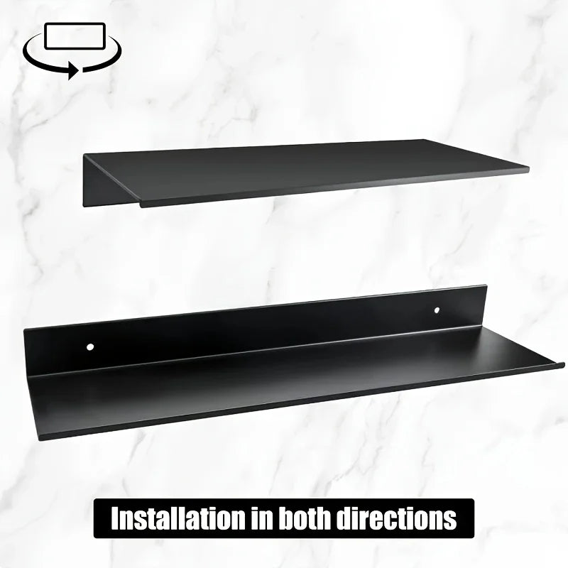 two views of black metal wall shelf showing mounting orientation options