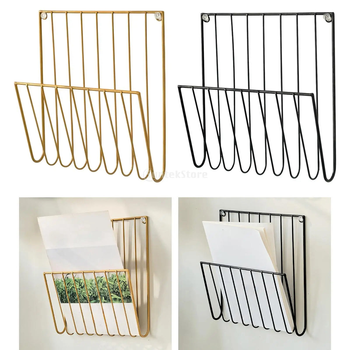 Gold and black wall-mounted iron magazine and mail racks, empty, side by side