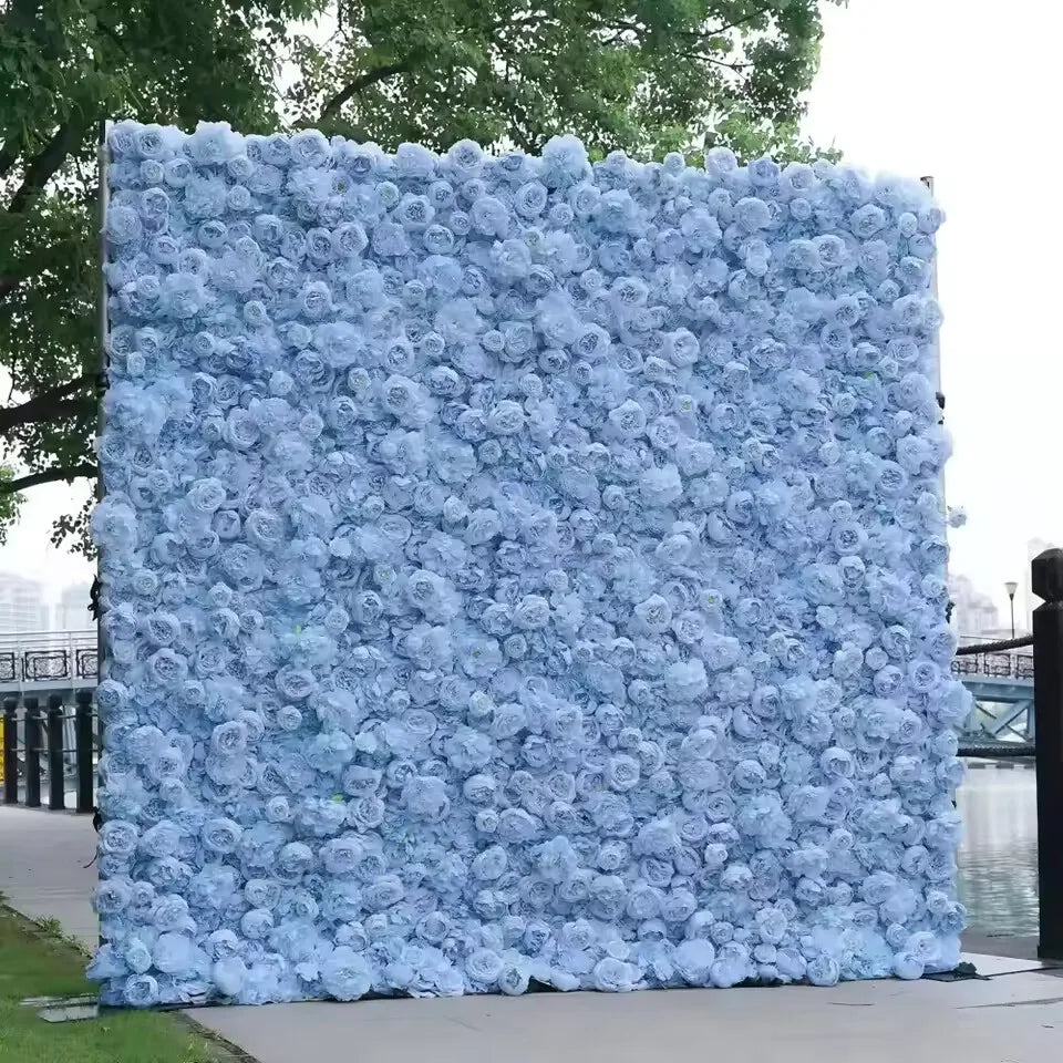 Light blue silk floral wall panel used as an outdoor event backdrop