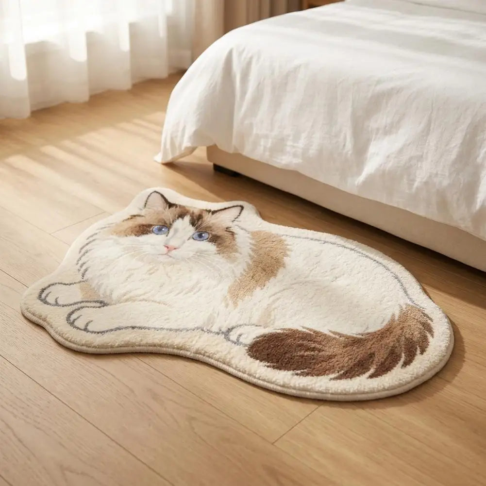 Cream and brown cat-shaped plush rug on the floor beside a bed in a bright bedroom