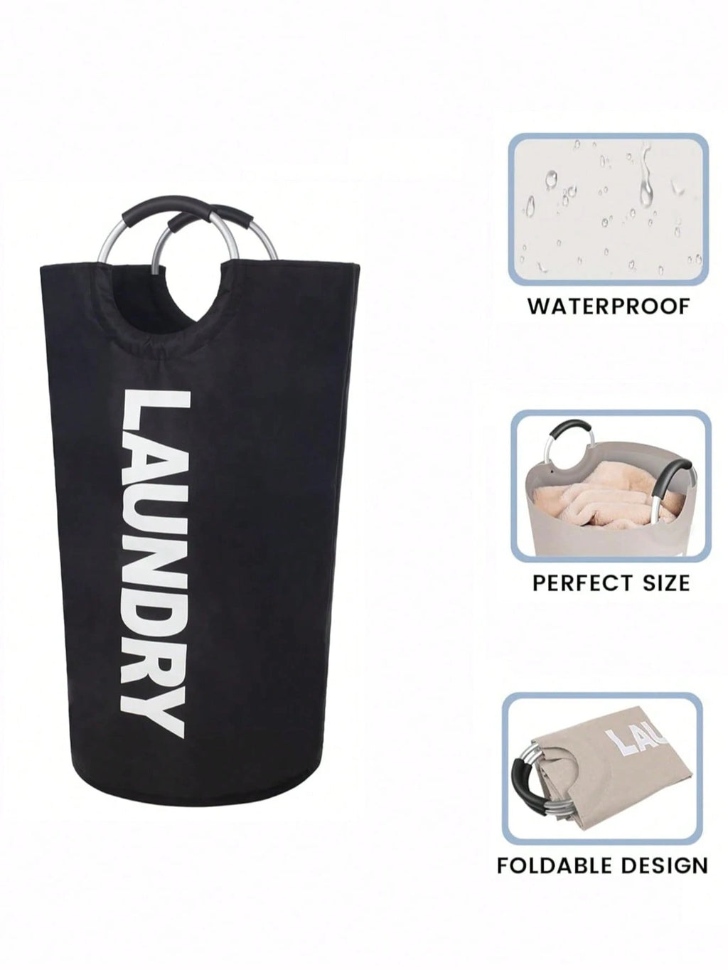 Black laundry hamper standing upright with waterproof, perfect size, and foldable design callouts