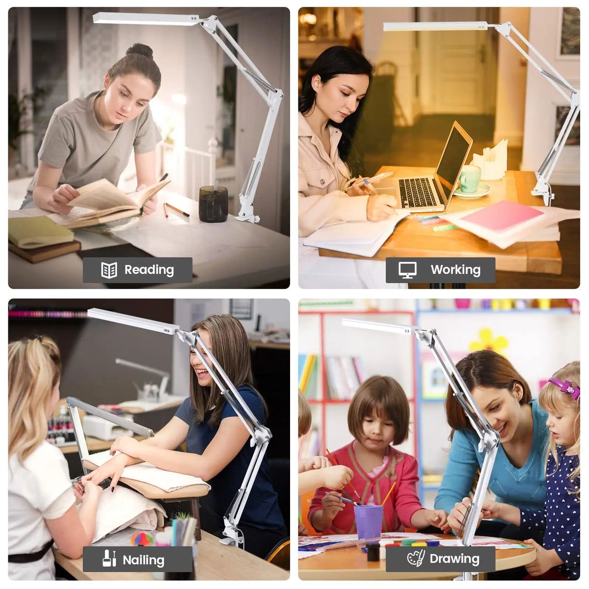 Four scenes showing white LED clamp desk lamp used for reading, working, nail art, and drawing