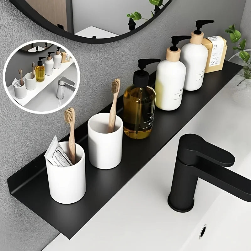black metal wall shelf above bathroom sink holding bottles and toothbrushes