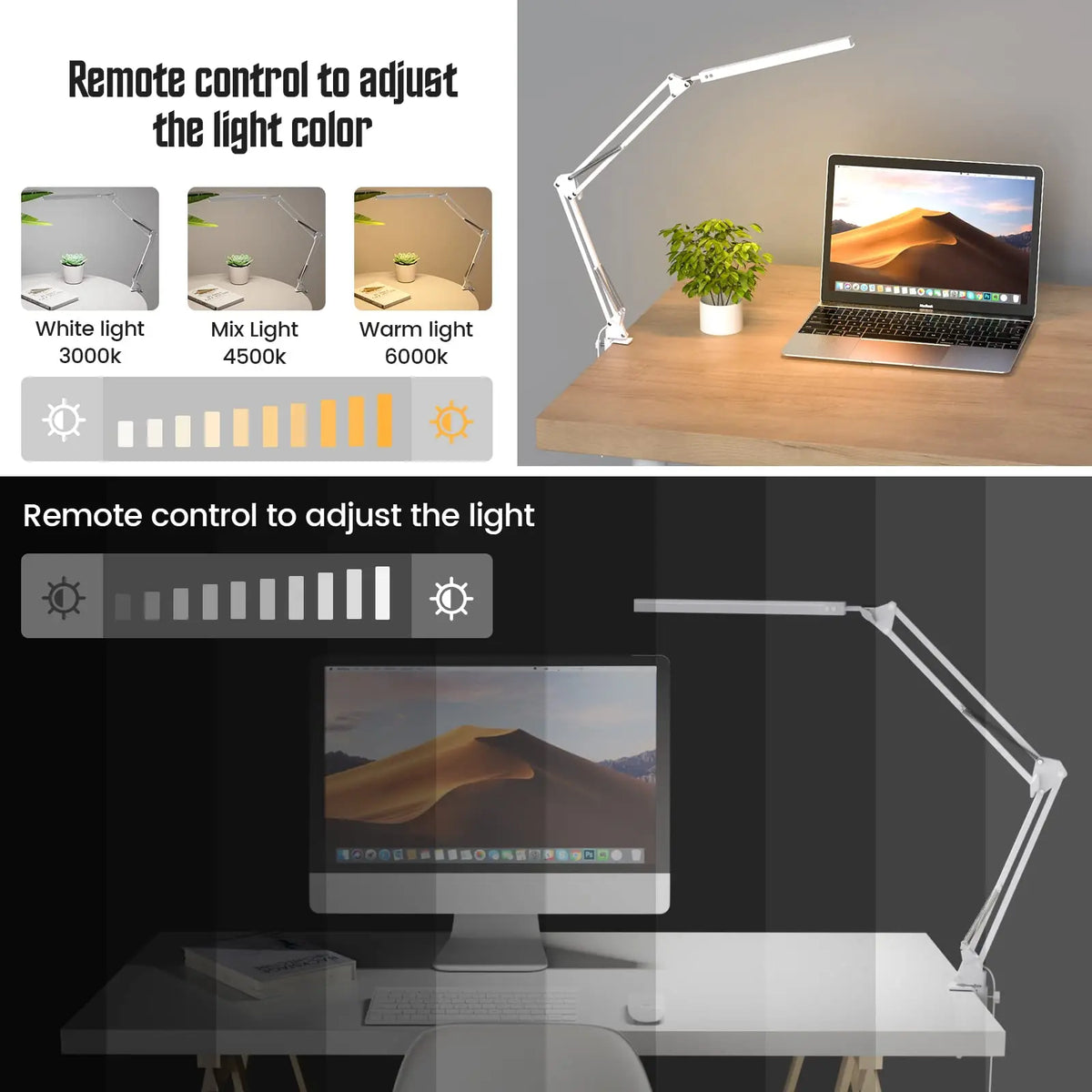 Graphic showing LED desk lamp color modes and brightness adjustment for different tasks