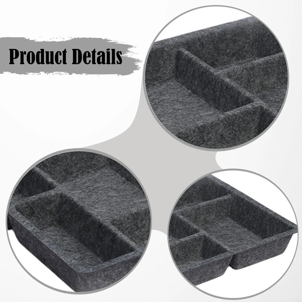 Close-up detail views of a dark gray felt organizer tray showing fabric and compartment edges