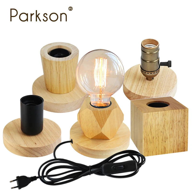 Assorted modern wood table lamp bases with E27 sockets and EU plug cord