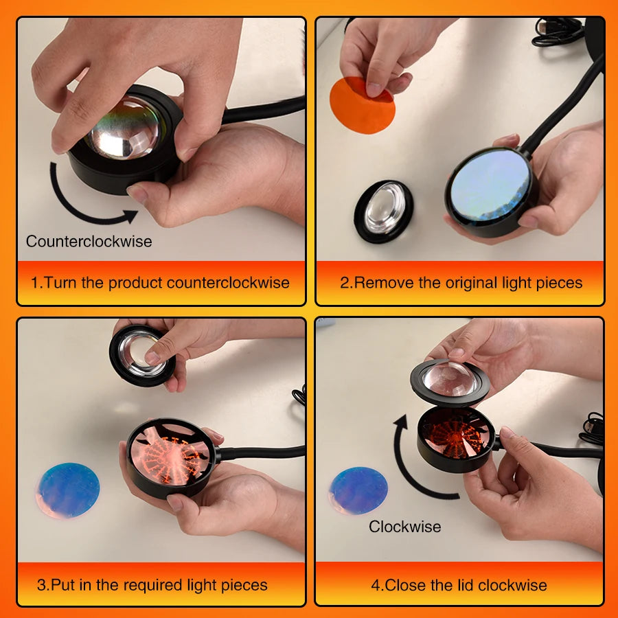 Step-by-step photo showing how to change color filters on the USB sunset projector lamp