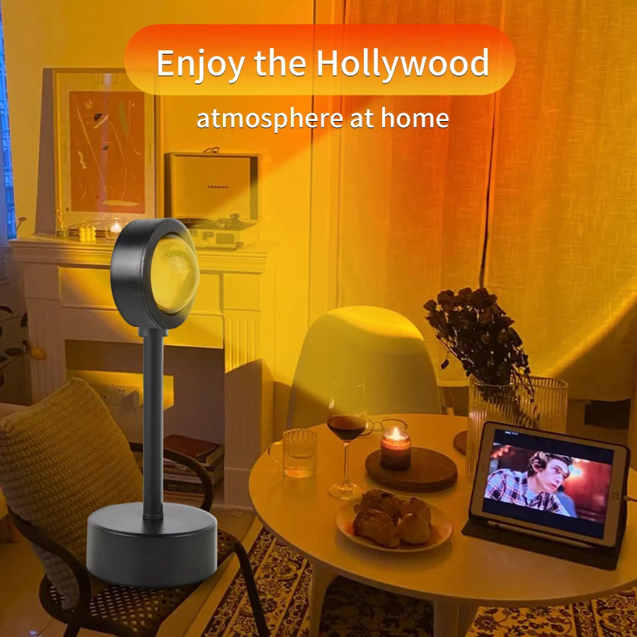 Sunset lamp creating a warm glow in a cozy living room with decor and candles