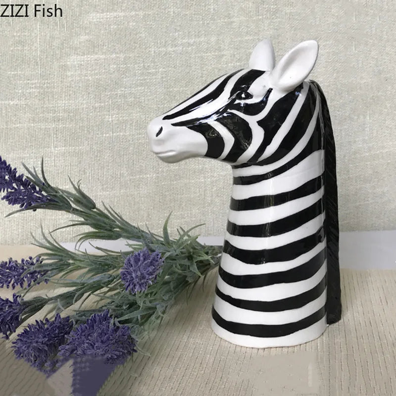 Side profile of zebra head decorative vase with faux lavender beside it