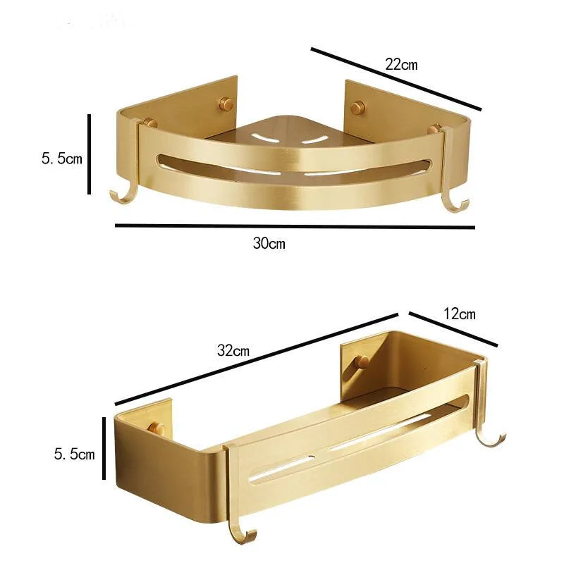 Brushed Gold Aluminum Corner Shelf with Hooks – Bathroom or Shower