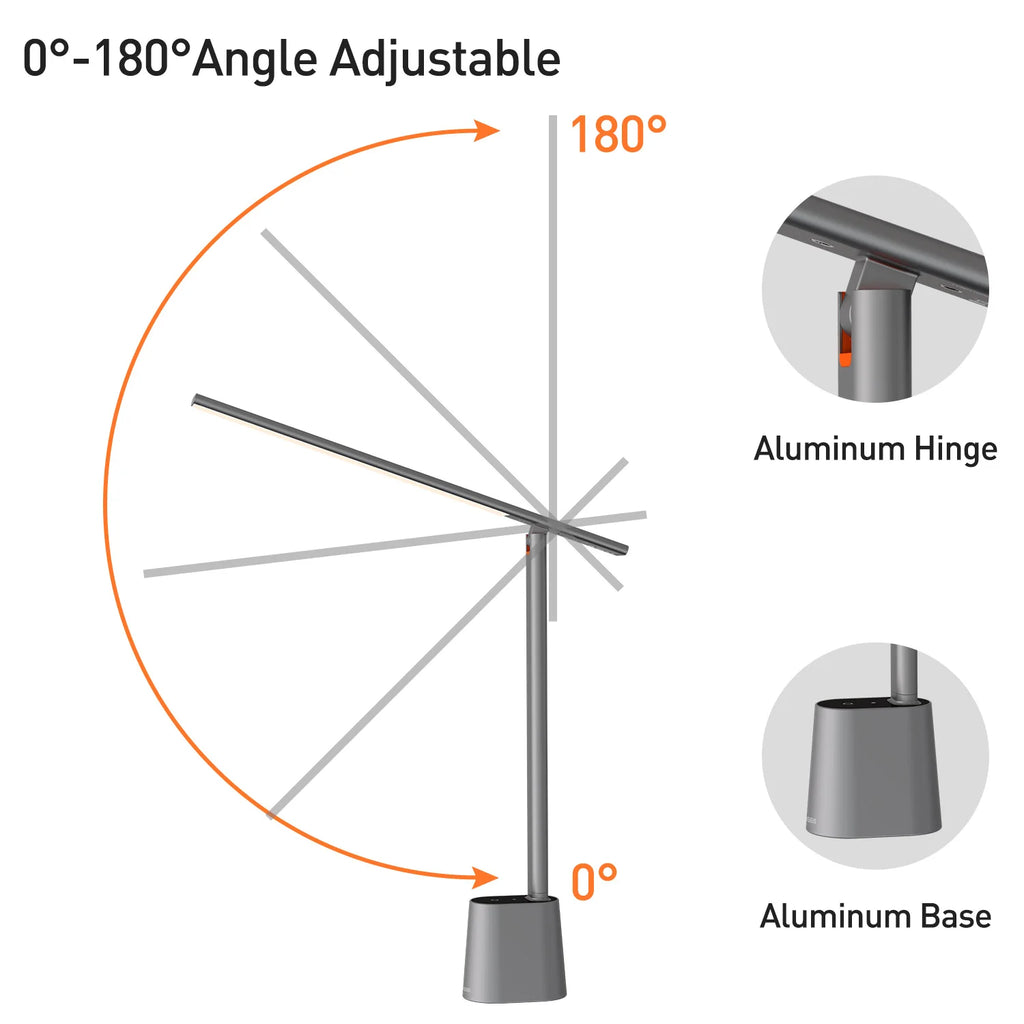 180 degree adjustable folding desk lamp with aluminum base and hinge details
