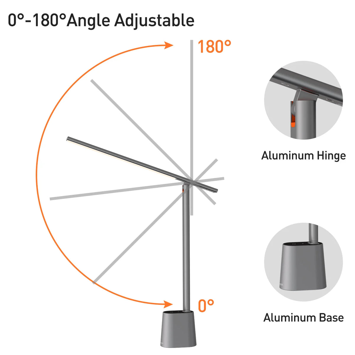 180 degree adjustable folding desk lamp with aluminum base and hinge details