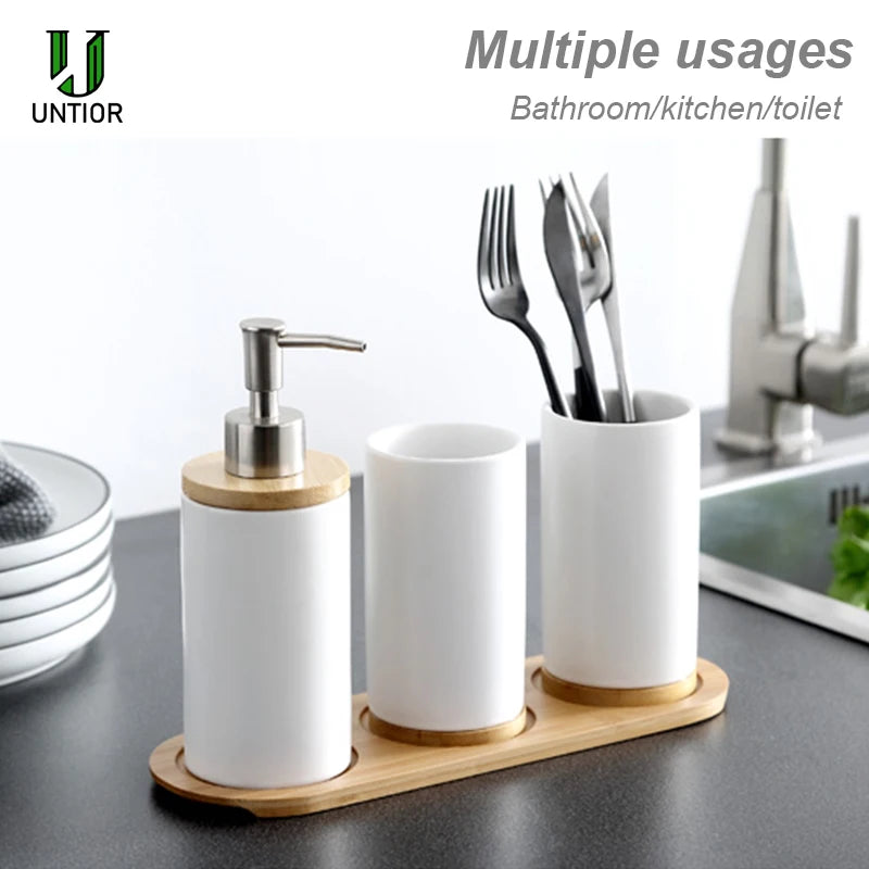 Ceramic bathroom set with bamboo tray used to organize utensils on a kitchen countertop