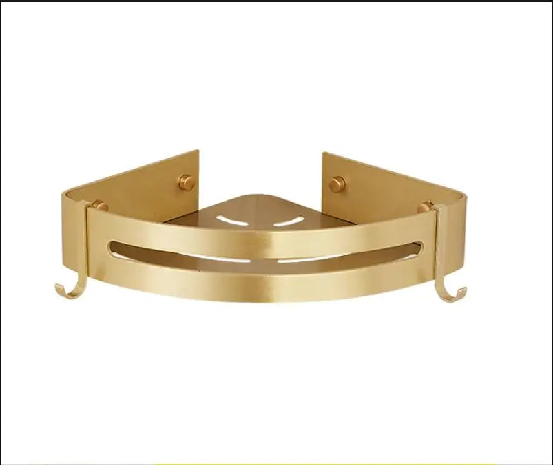 Brushed Gold Aluminum Corner Shelf with Hooks – Bathroom or Shower