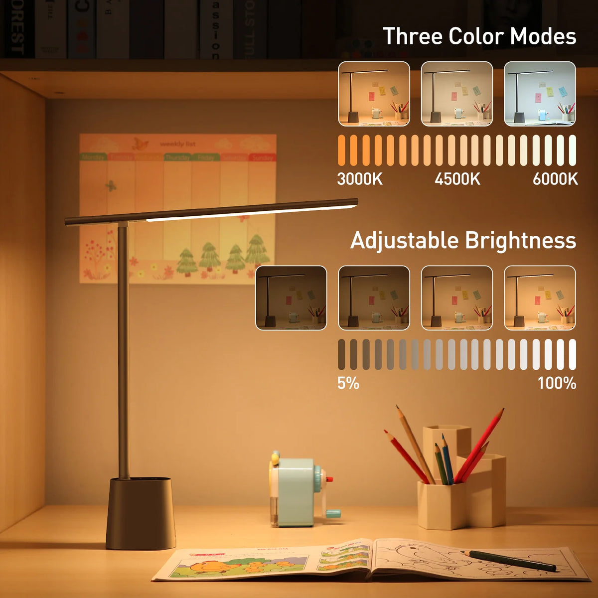 LED desk lamp on a wood desk showing three color modes and adjustable brightness levels