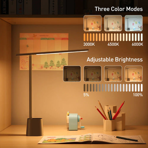LED desk lamp on a wood desk showing three color modes and adjustable brightness levels