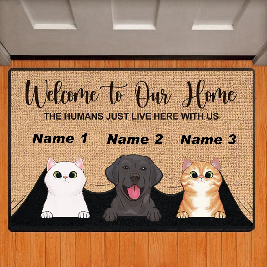 Custom doormat with illustrated cat and dog, 'Welcome to Our Home' and personalized names