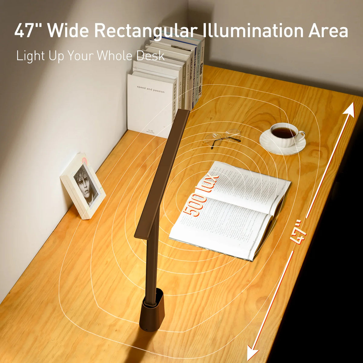 Wide rectangular illumination area of LED desk lamp lighting up an open book on a desk