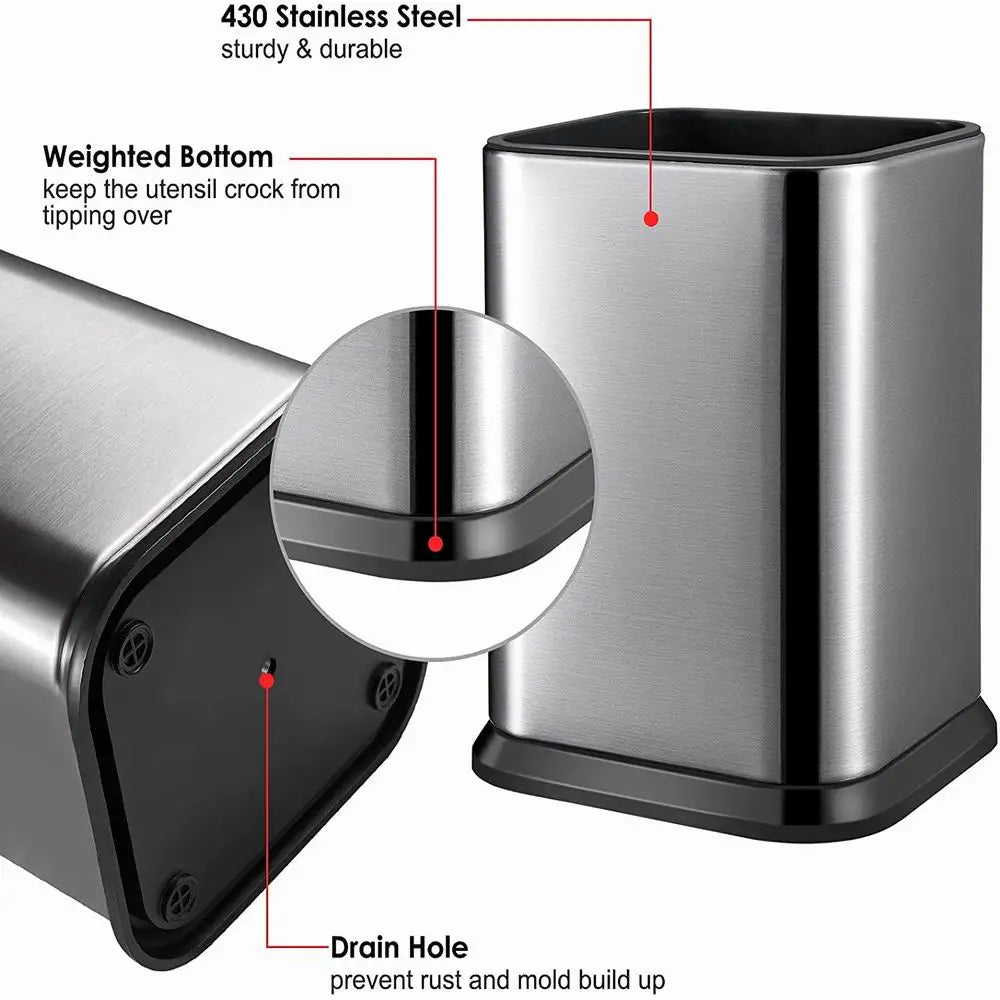Detail of stainless steel utensil holder with weighted bottom and drain hole to prevent mold