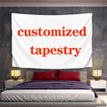 custom photo tapestry displayed above a bed in a modern bedroom
