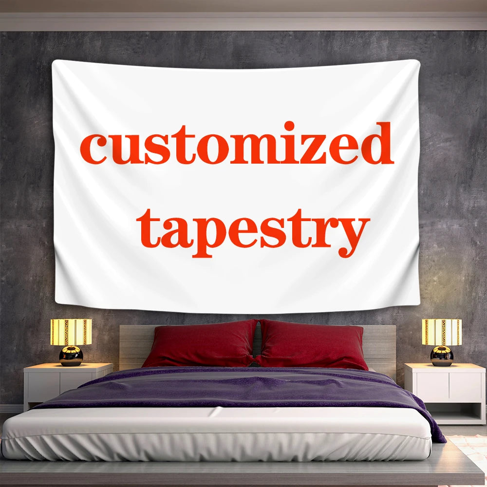 custom photo tapestry displayed above a bed in a modern bedroom