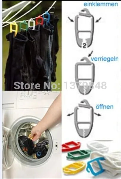 Various ways to use sock clips for laundry, including hanging paired socks and illustrated instructions.