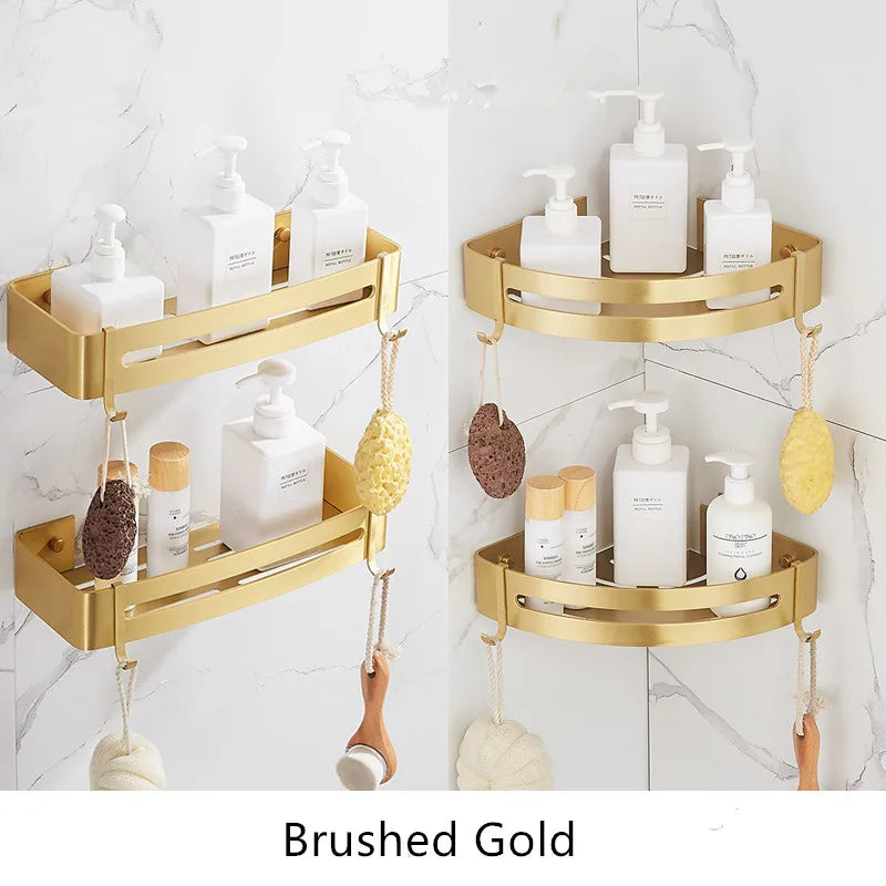 Comparison of brushed gold corner and rectangular shelves, wall-mounted with bath items and labeled as Brushed Gold