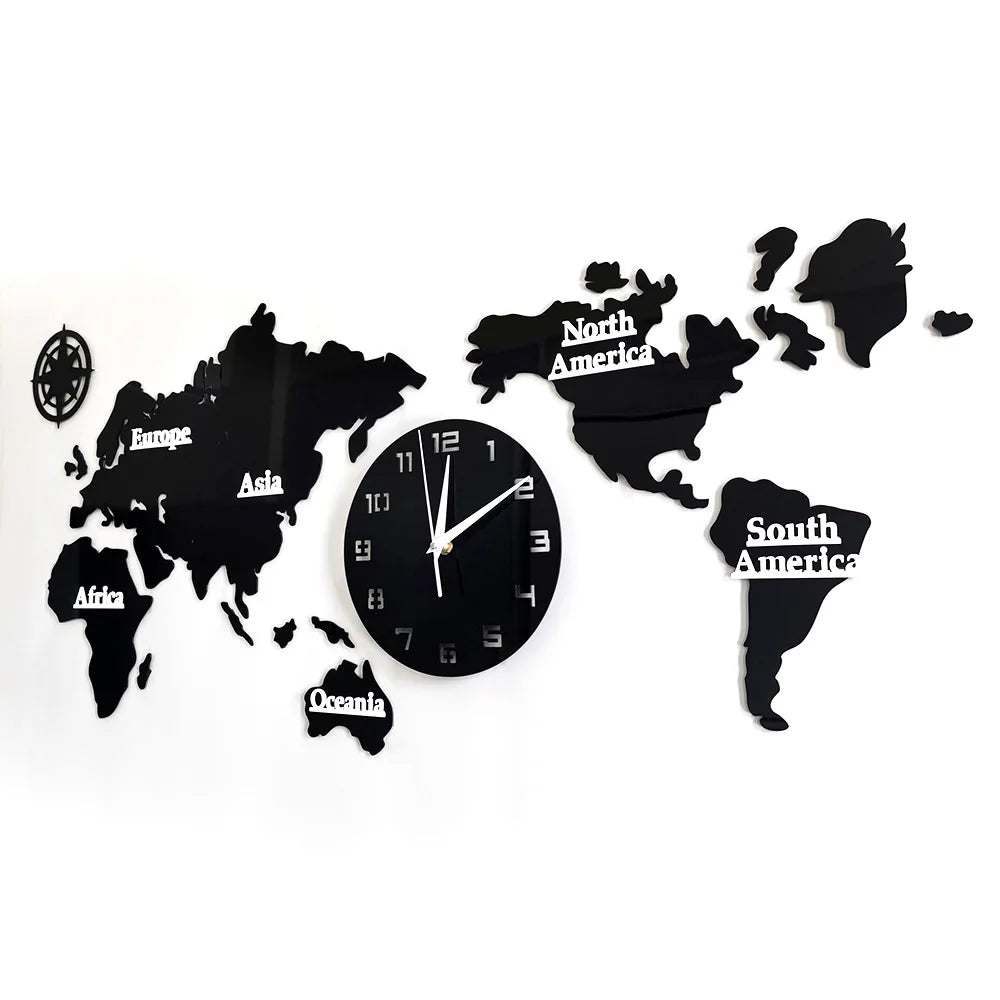 Side view of acrylic world map wall clock with raised continent names and large round clock