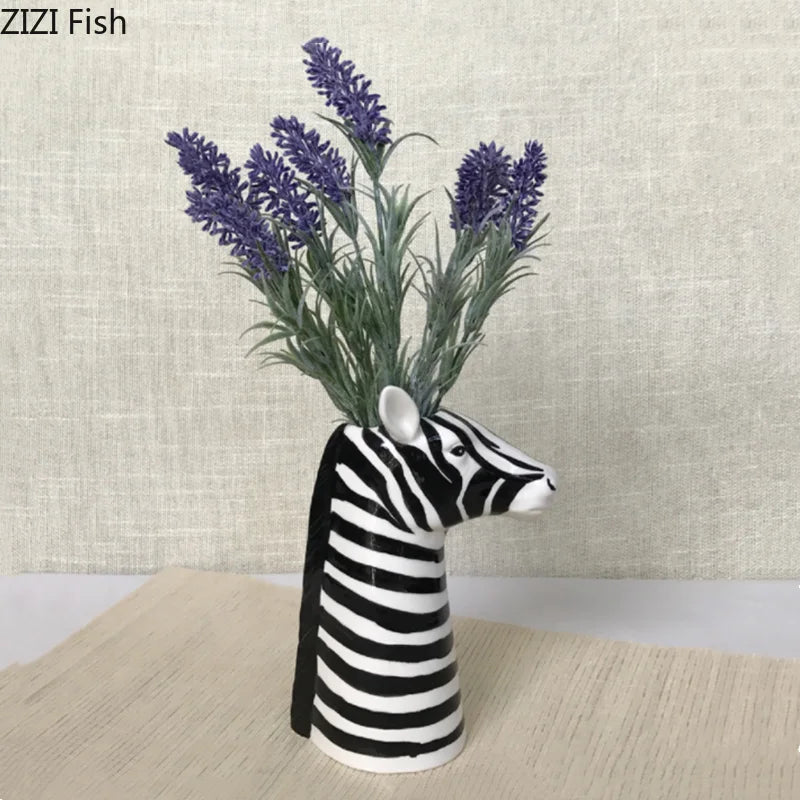 Zebra ceramic vase with lavender stems displayed on tabletop