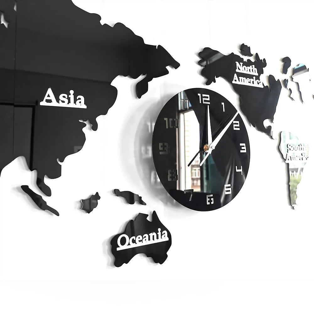 Detail of acrylic Asia, Oceania, and main clock face on modern world map wall clock