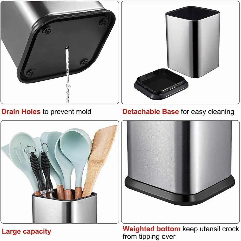 Close-up of stainless steel utensil holder features, including drain hole, detachable base, large capacity, and weighted bottom