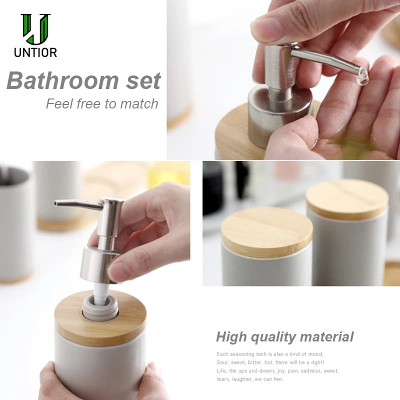 Close-up collage of ceramic bathroom accessory set details including soap dispenser pump and bamboo lids
