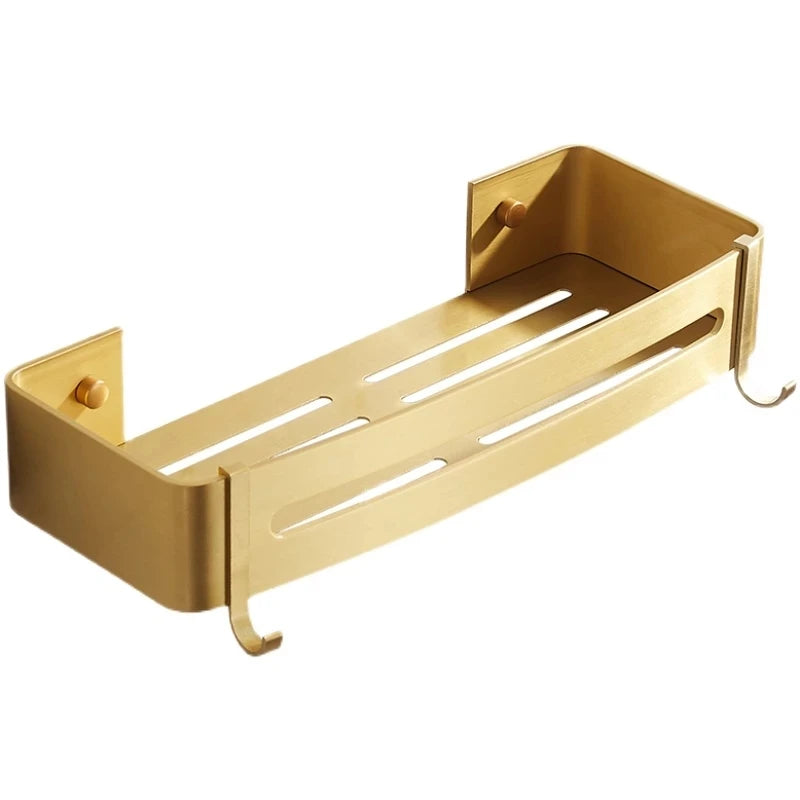 Brushed Gold Aluminum Corner Shelf with Hooks – Bathroom or Shower