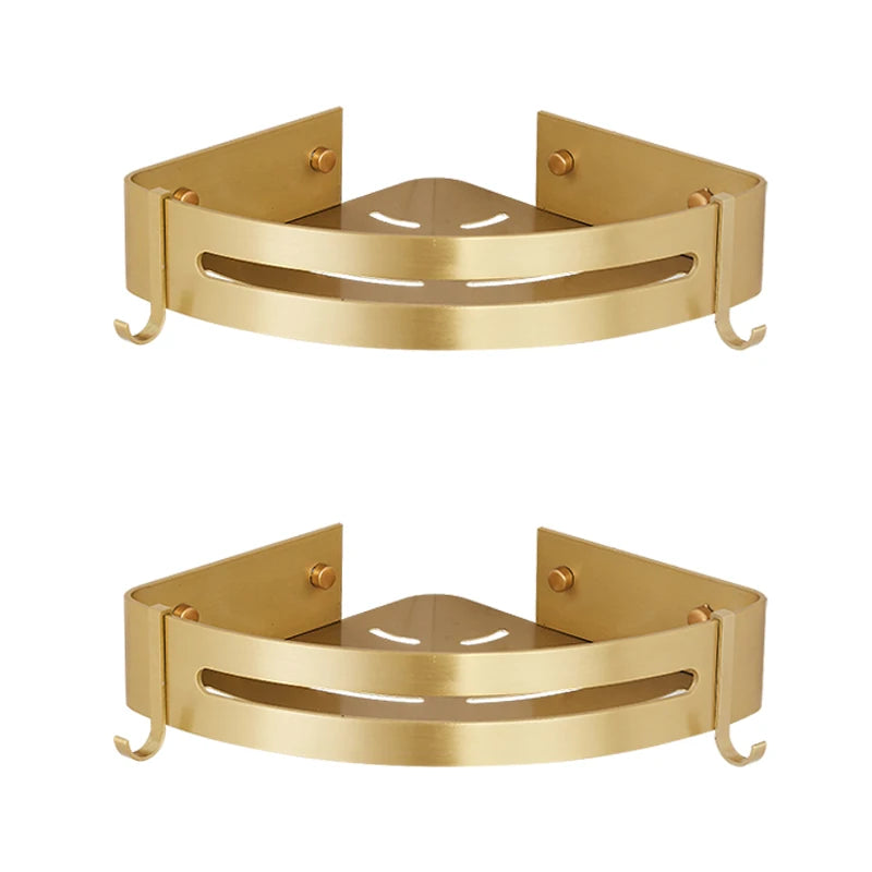 Brushed Gold Aluminum Corner Shelf with Hooks – Bathroom or Shower