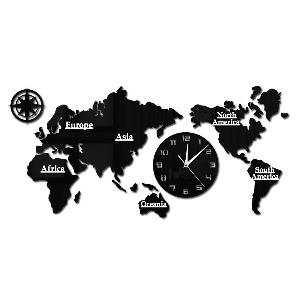 Black acrylic world map wall clock set showing labeled continents and round clock face