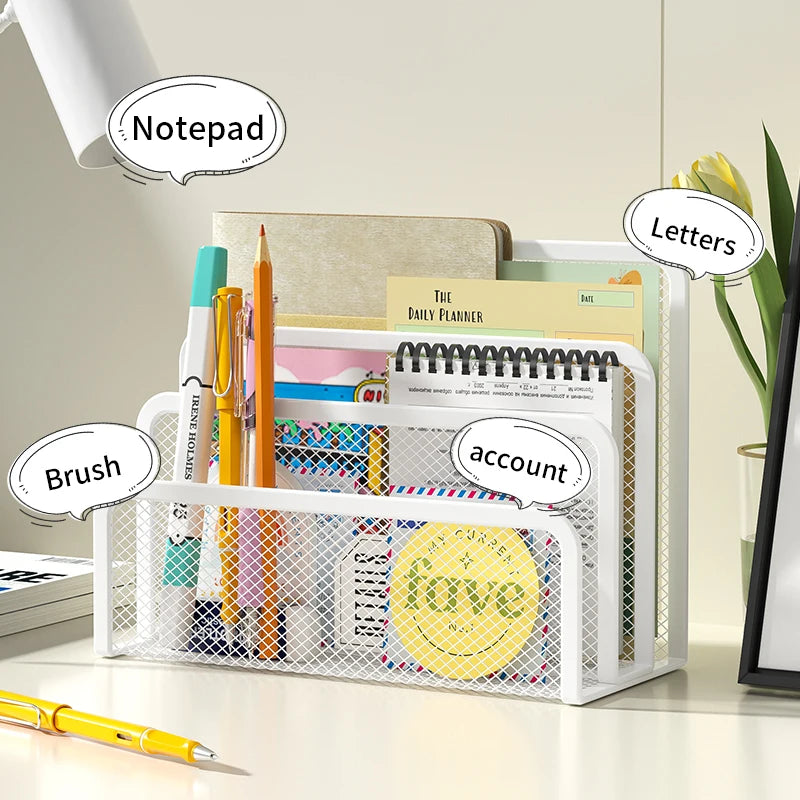 mesh desktop file organizer with items labeled notepad, brush, account, and letters